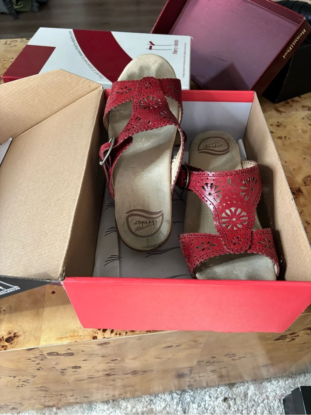 Dansko Crimson Leather Wedge Sandals with Buckle Strap